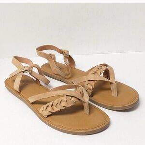 Tom’s Lexie Strappy Sandals, Braided Leather, Tan, Size 7.5